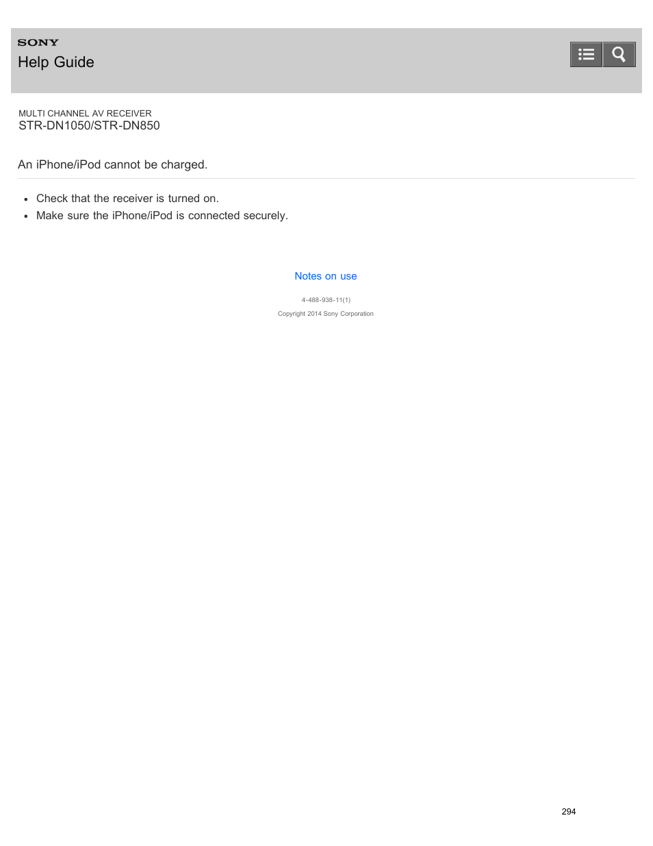 An iphone/ipod cannot be charged, Help guide | Sony STR-DN1050 User Manual | Page 305 / 379
