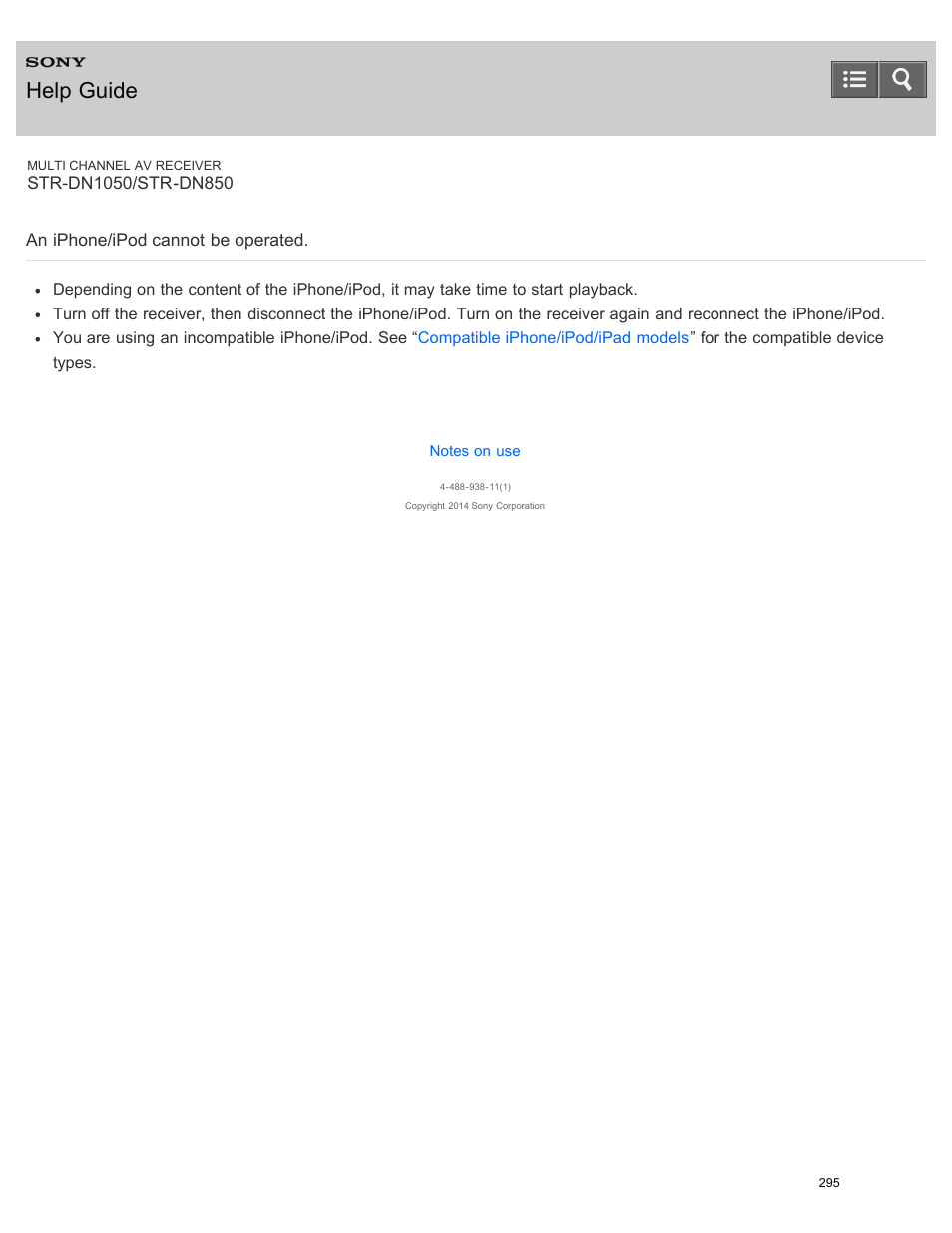 An iphone/ipod cannot be operated, Help guide | Sony STR-DN1050 User Manual | Page 306 / 379