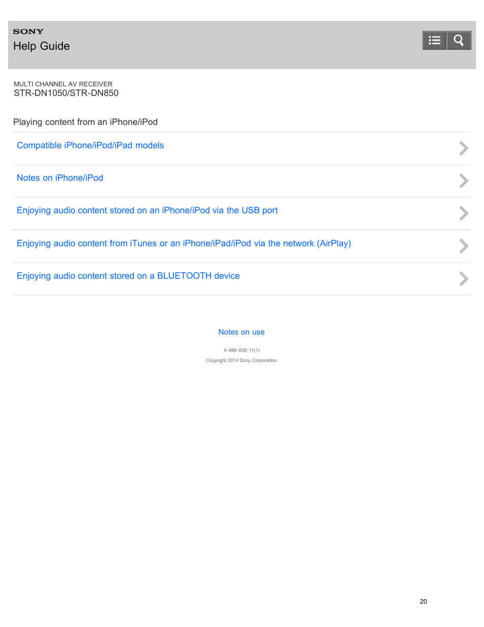 Playing content from an iphone/ipod, Help guide | Sony STR-DN1050 User Manual | Page 31 / 379