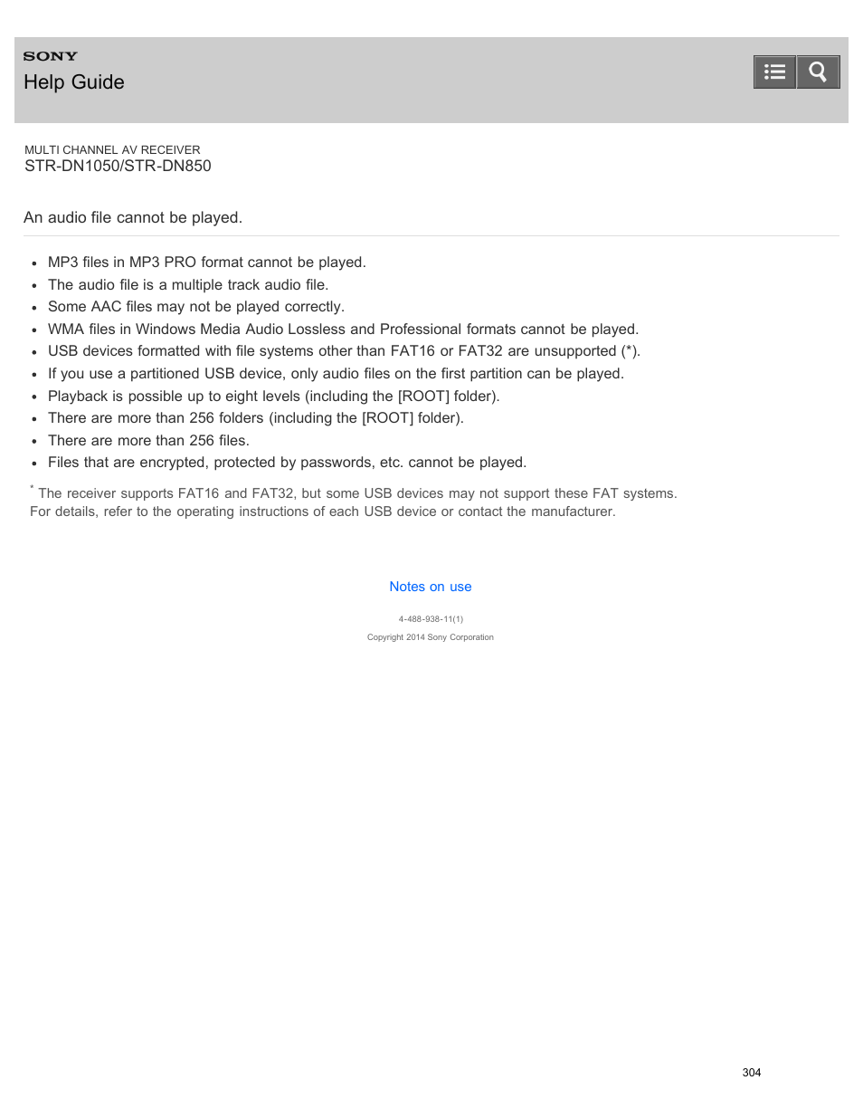 An audio file cannot be played, Help guide | Sony STR-DN1050 User Manual | Page 315 / 379