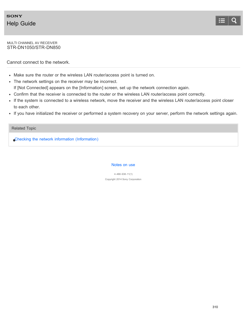 Cannot connect to the network, Help guide | Sony STR-DN1050 User Manual | Page 321 / 379