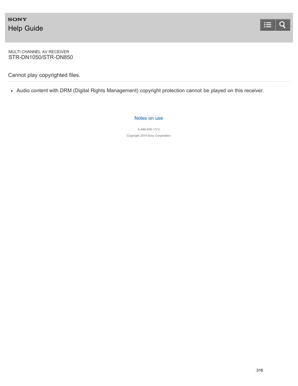 Cannot play copyrighted files, Help guide | Sony STR-DN1050 User Manual | Page 327 / 379