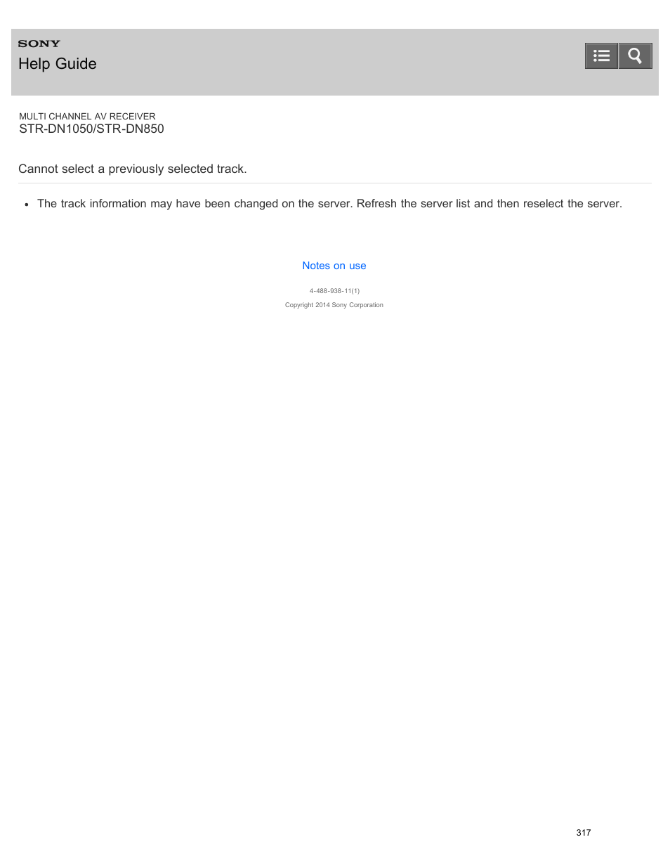 Cannot select a previously selected track, Help guide | Sony STR-DN1050 User Manual | Page 328 / 379