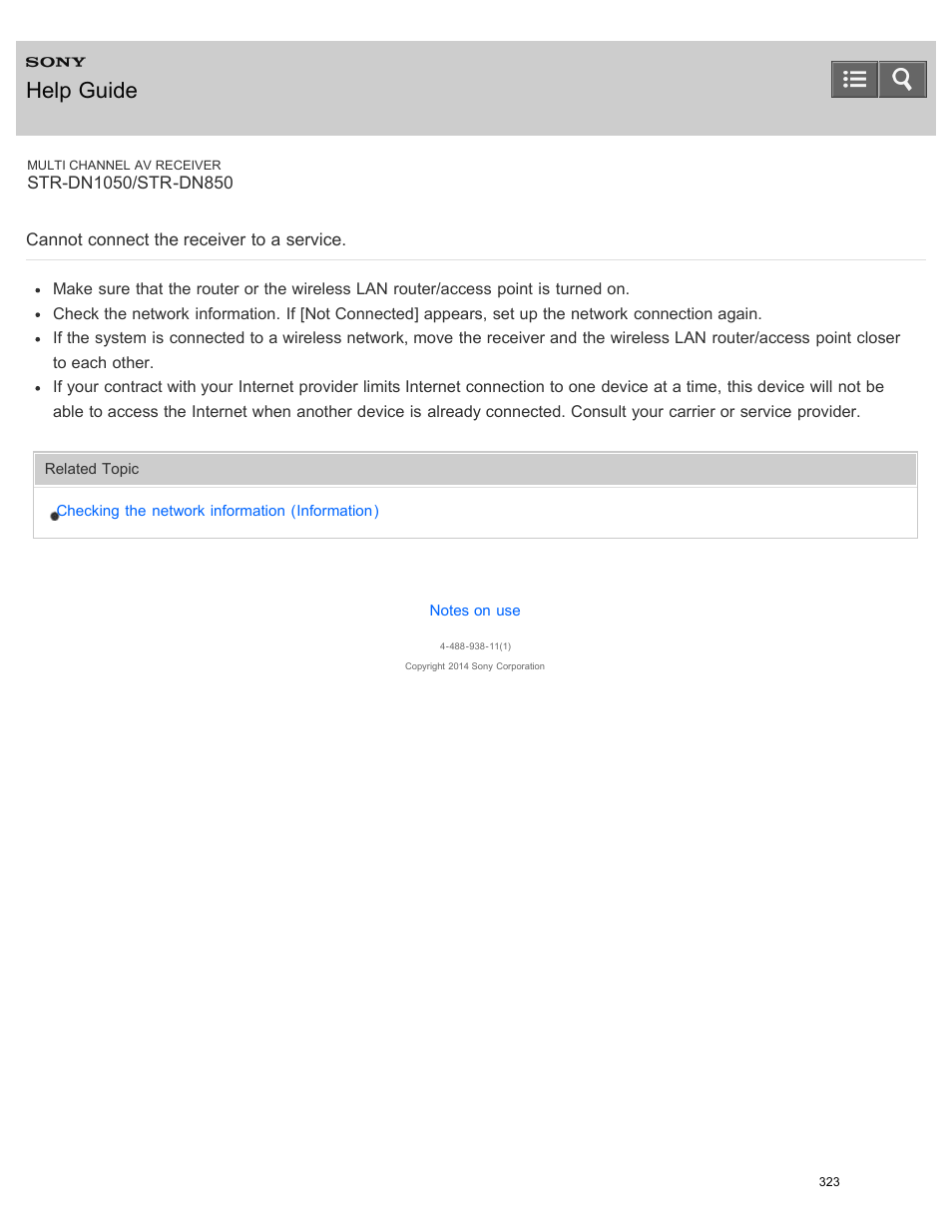 Cannot connect the receiver to a service, Help guide | Sony STR-DN1050 User Manual | Page 334 / 379