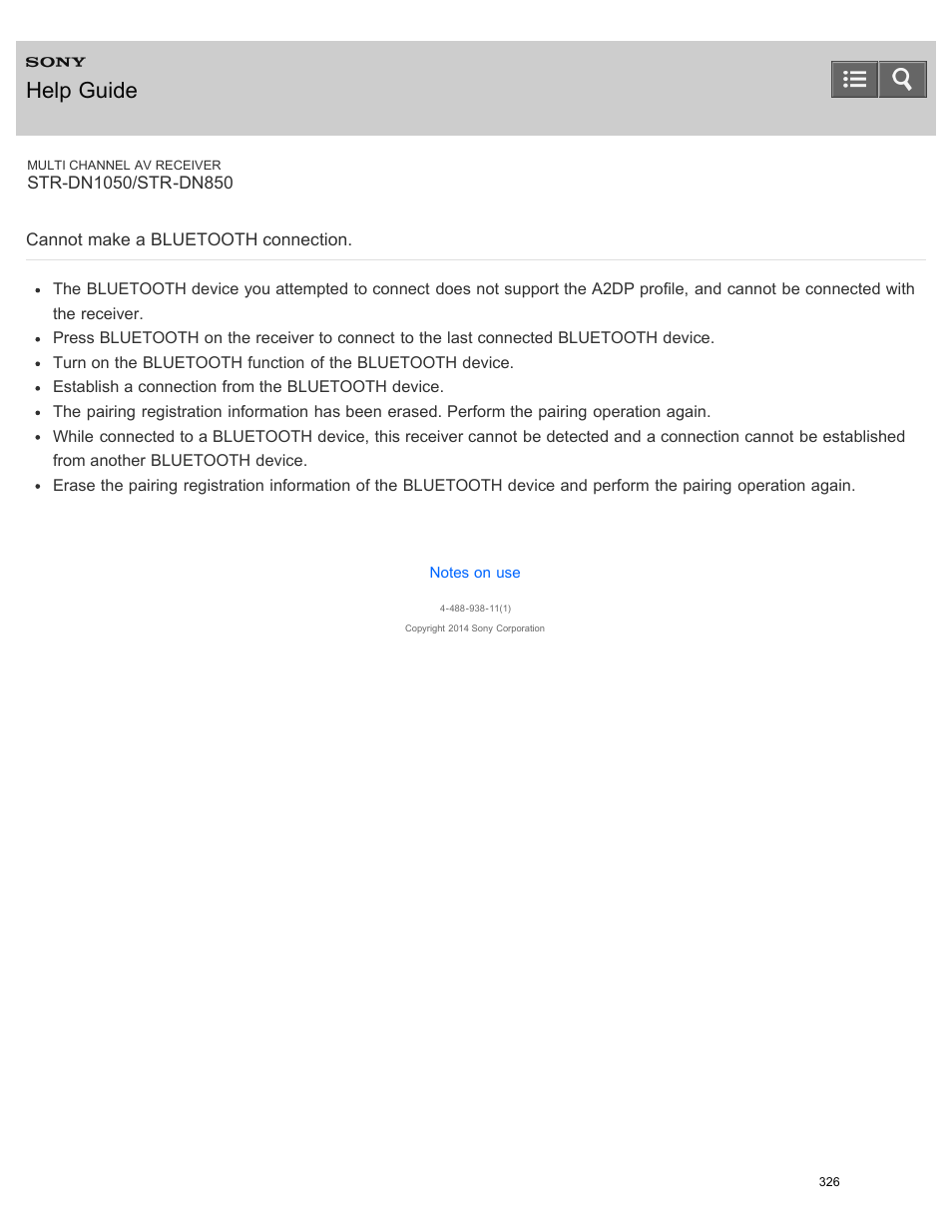 Cannot make a bluetooth connection, Help guide | Sony STR-DN1050 User Manual | Page 337 / 379