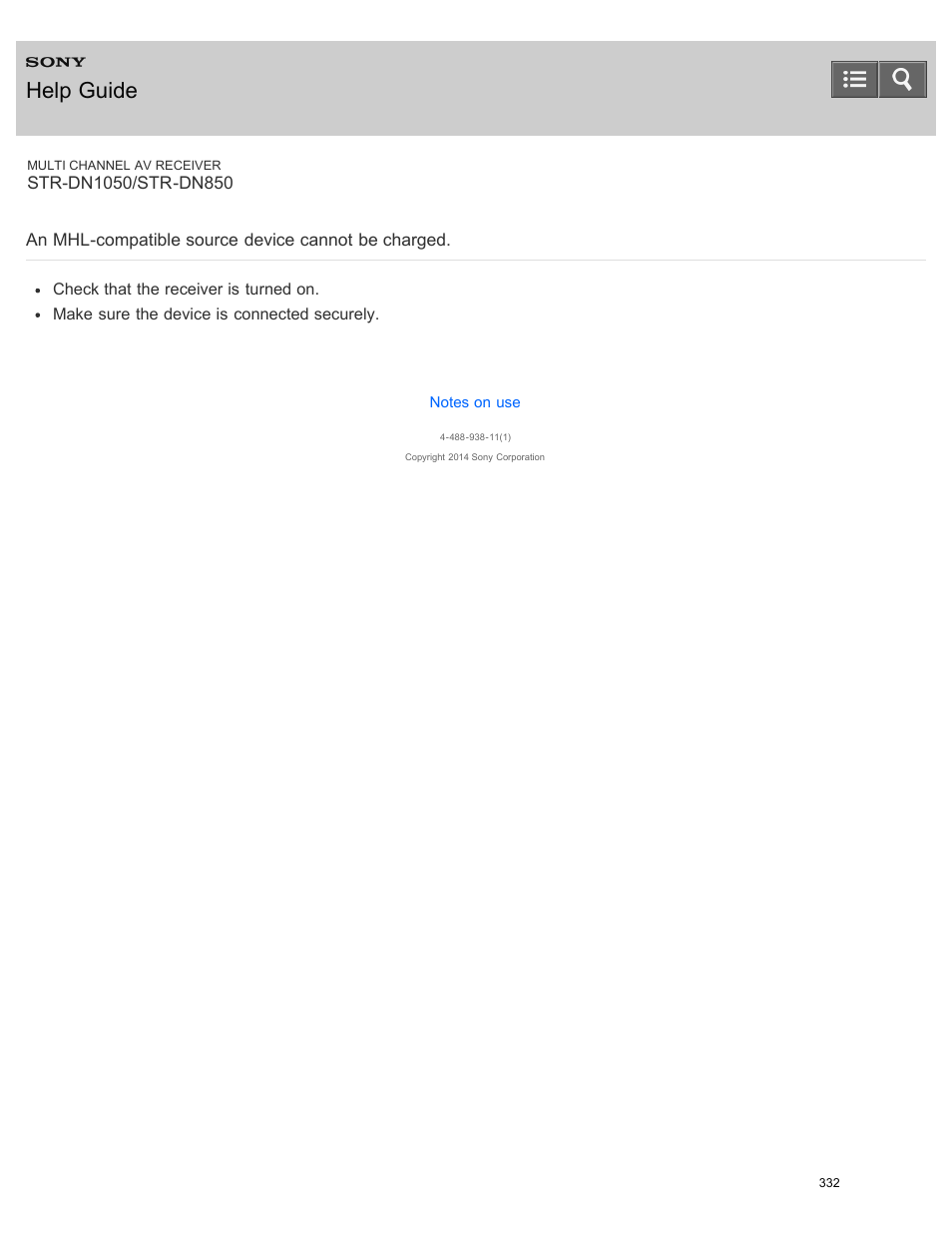An mhl-compatible source device cannot be charged, Help guide | Sony STR-DN1050 User Manual | Page 343 / 379