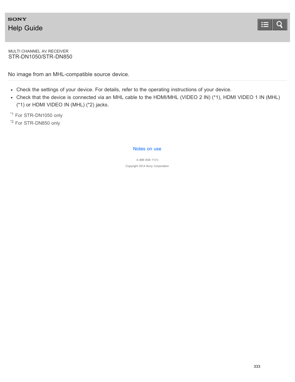 No image from an mhl-compatible source device, Help guide | Sony STR-DN1050 User Manual | Page 344 / 379