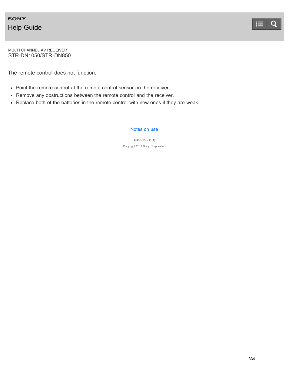 The remote control does not function, Help guide | Sony STR-DN1050 User Manual | Page 345 / 379
