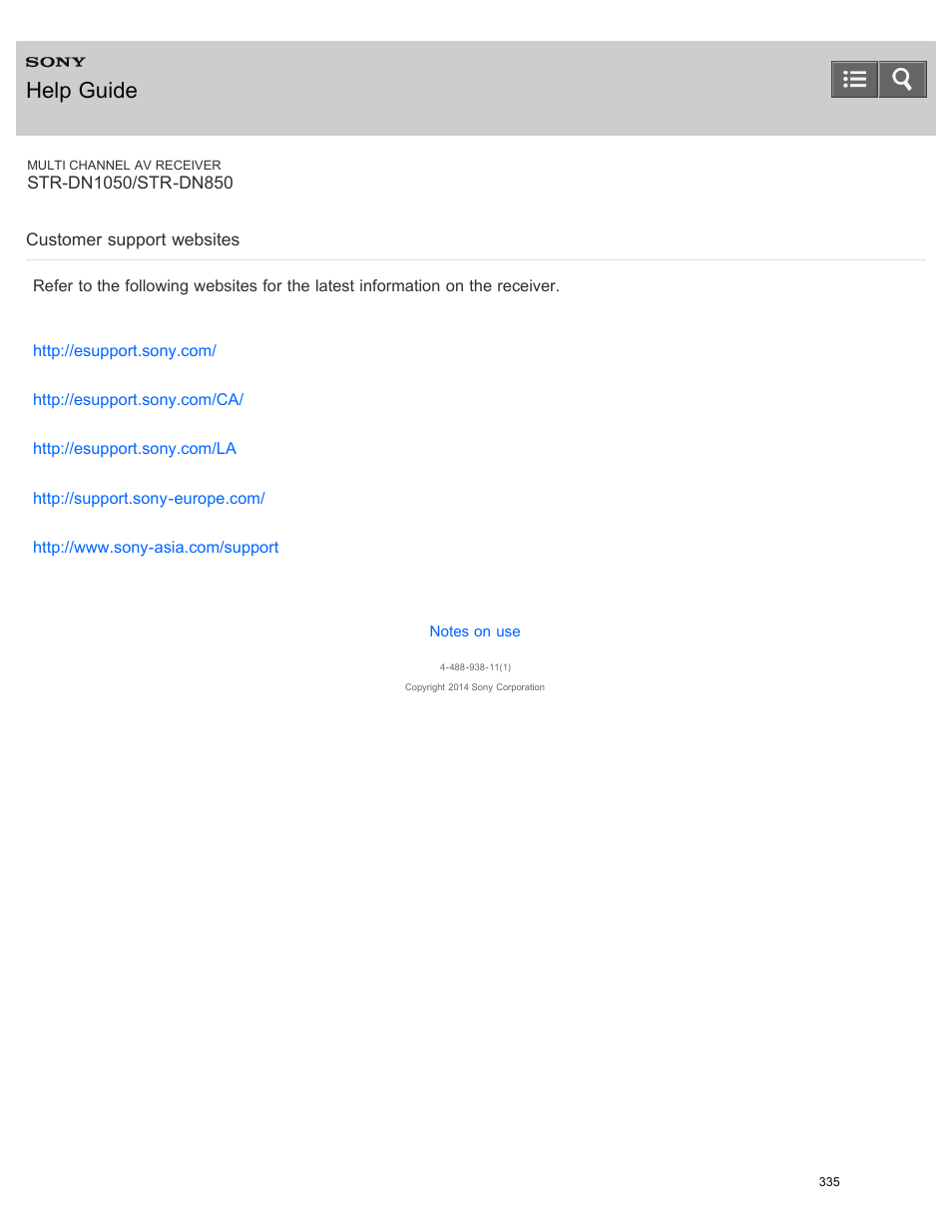 Customer support websites, Help guide | Sony STR-DN1050 User Manual | Page 346 / 379