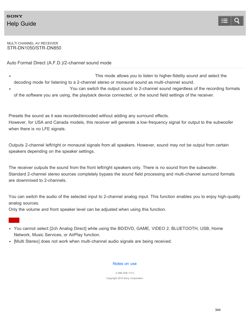 Auto format direct (a.f.d.)/2-channel sound mode, Help guide | Sony STR-DN1050 User Manual | Page 355 / 379