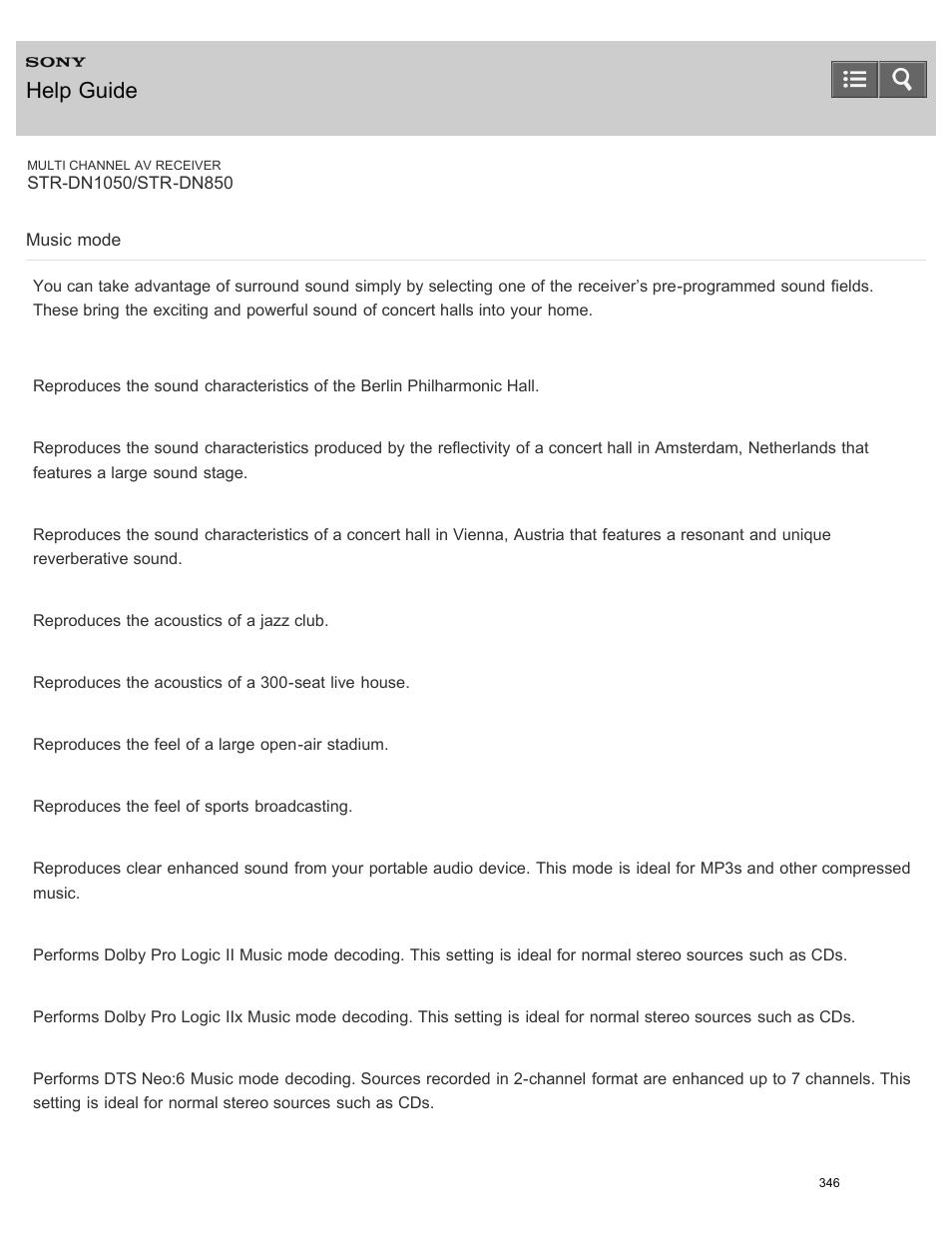 Music mode, Help guide | Sony STR-DN1050 User Manual | Page 357 / 379