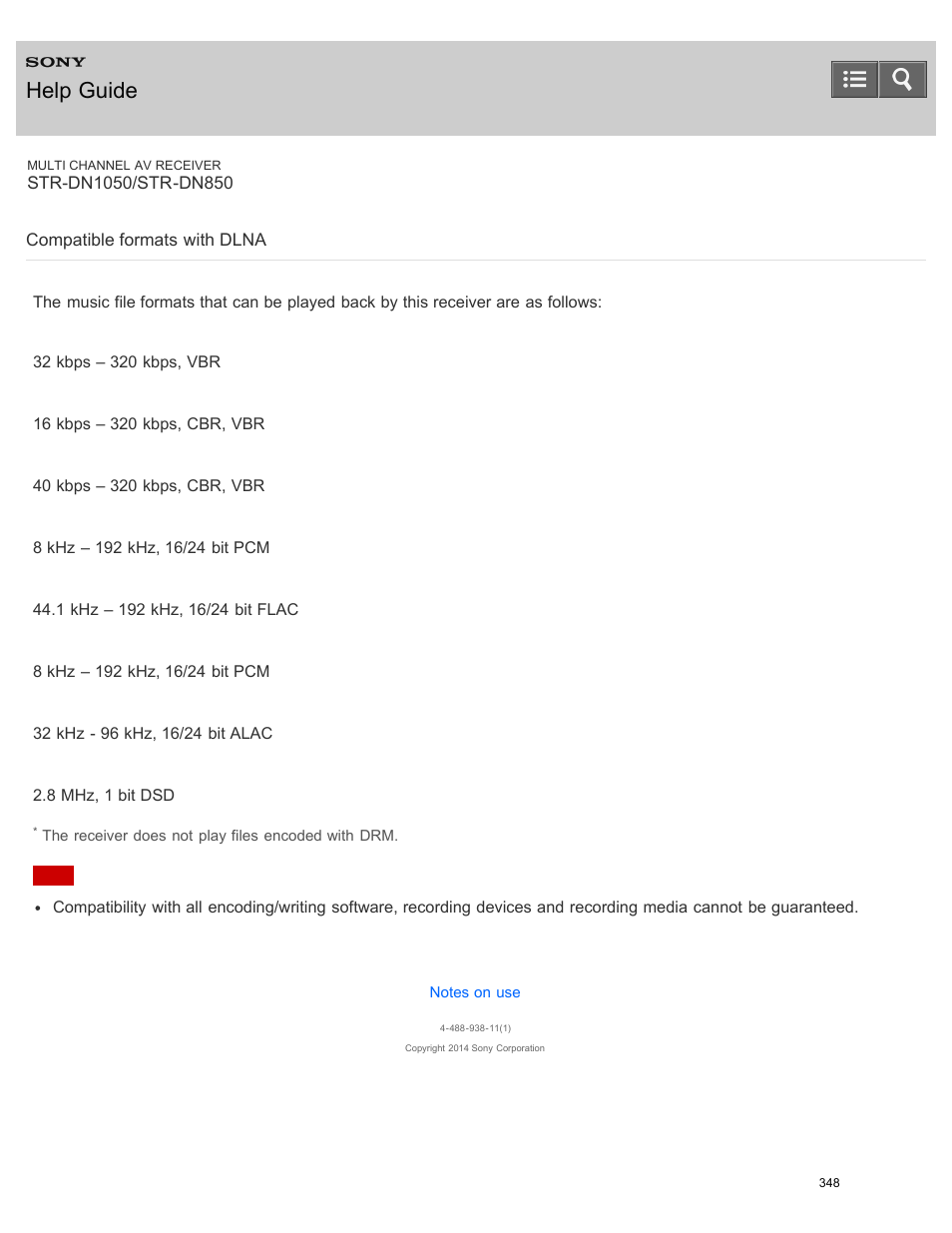 Compatible formats with dlna, Help guide | Sony STR-DN1050 User Manual | Page 359 / 379