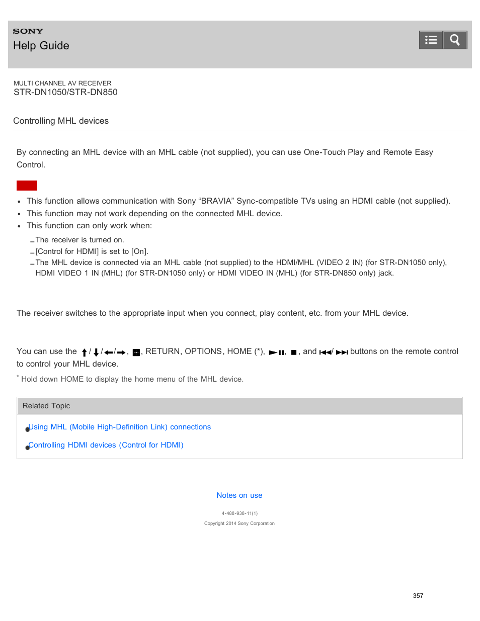 Controlling mhl devices, Help guide, One-touch play | Remote easy control | Sony STR-DN1050 User Manual | Page 368 / 379