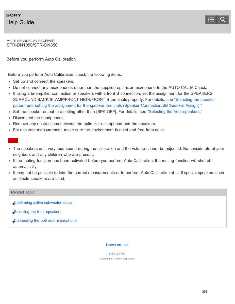 Before you perform auto calibration, Help guide | Sony STR-DN1050 User Manual | Page 369 / 379