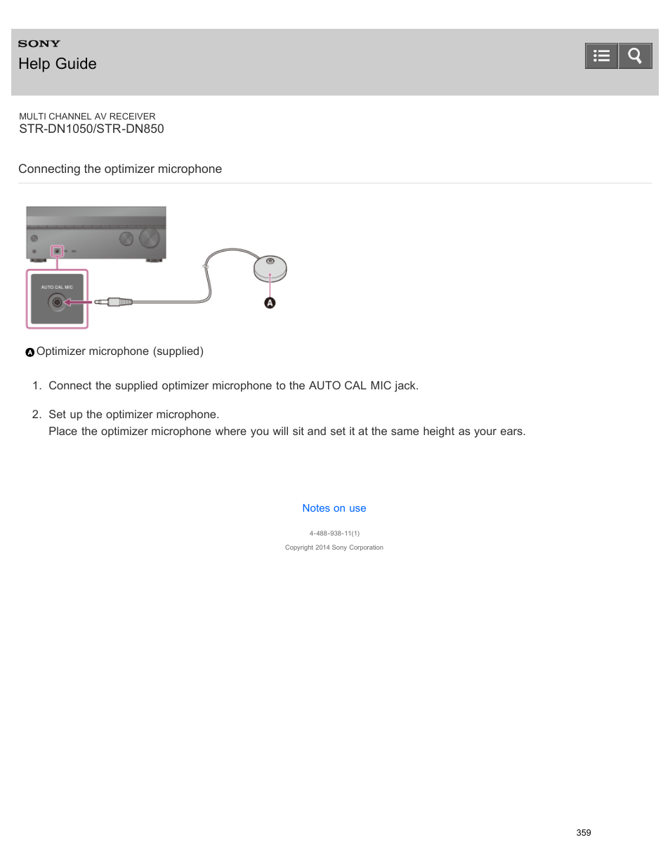 Connecting the optimizer microphone, Help guide | Sony STR-DN1050 User Manual | Page 370 / 379
