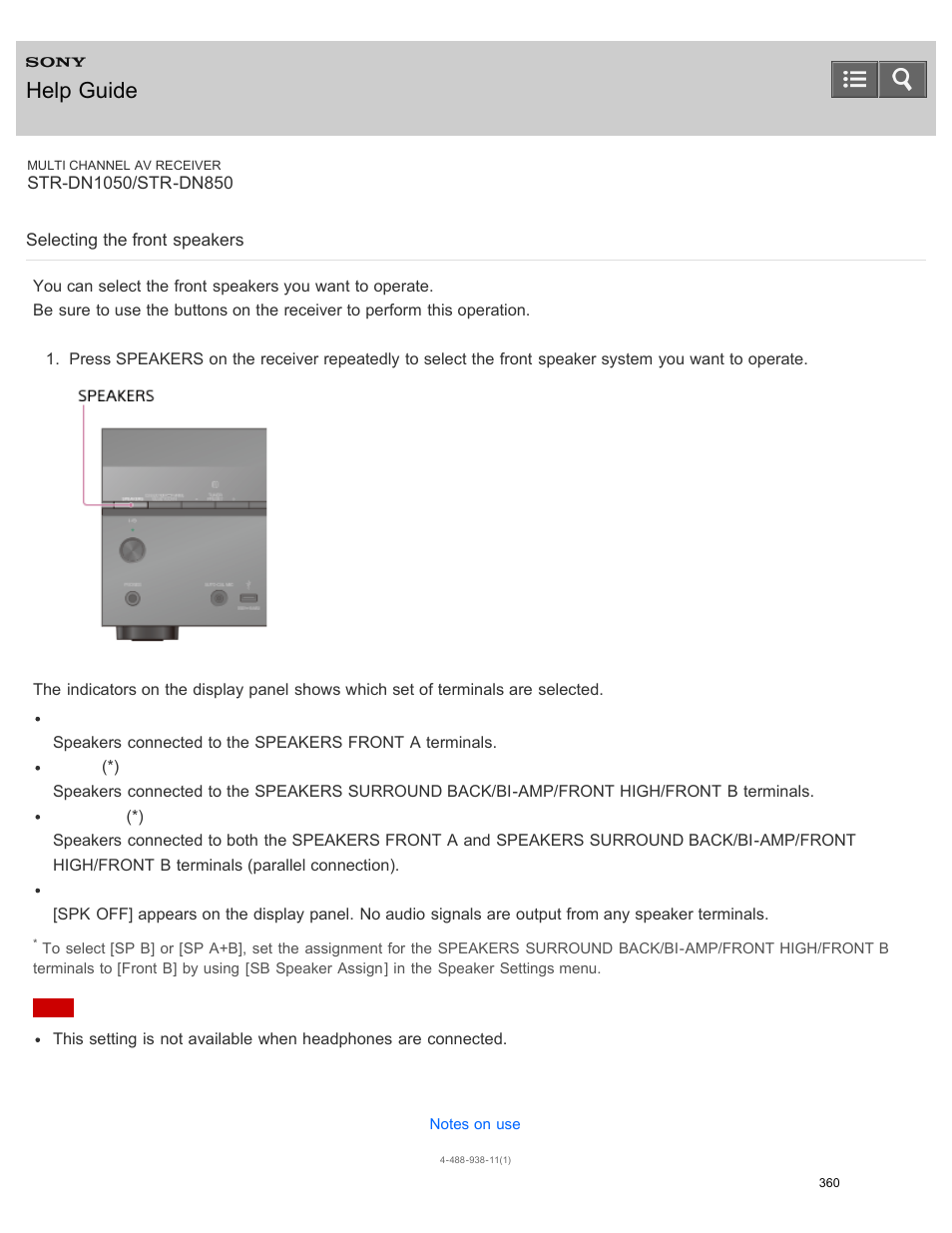 Selecting the front speakers, Help guide | Sony STR-DN1050 User Manual | Page 371 / 379