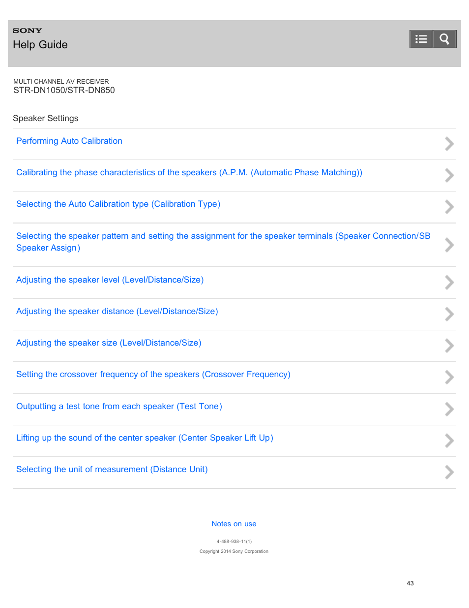 Speaker settings, Help guide | Sony STR-DN1050 User Manual | Page 54 / 379