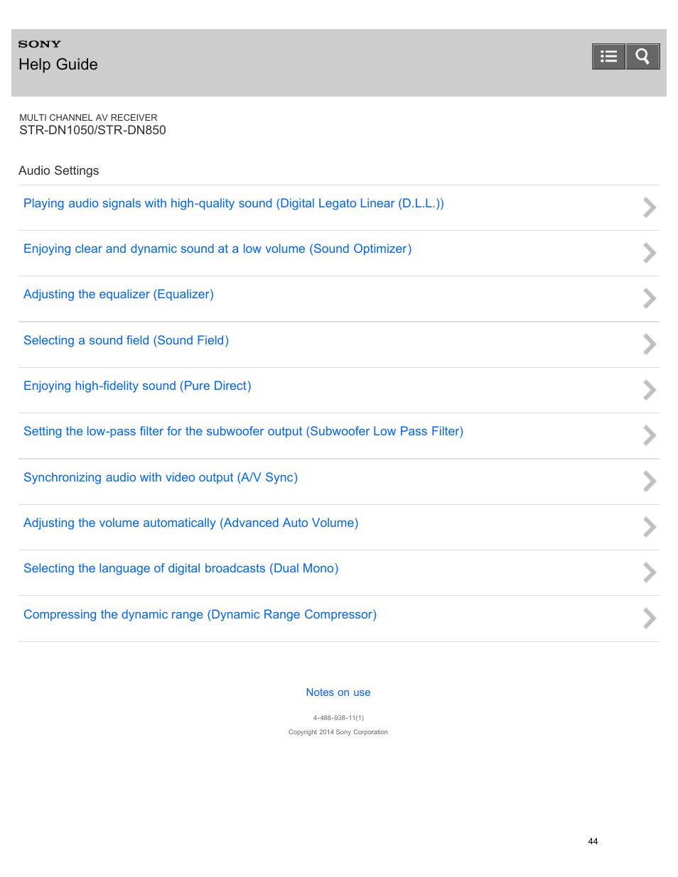 Audio settings, Help guide | Sony STR-DN1050 User Manual | Page 55 / 379