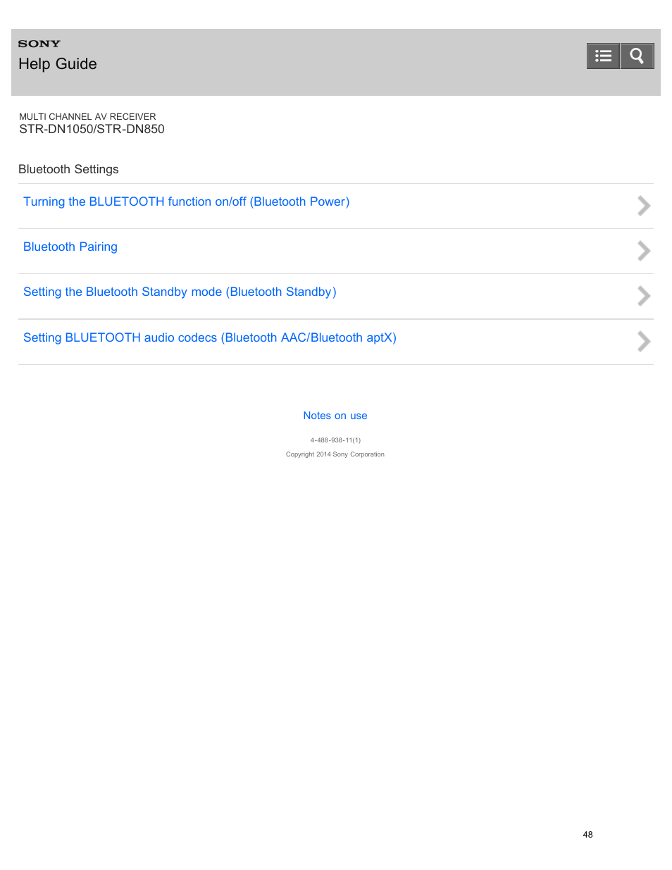 Bluetooth settings, Help guide | Sony STR-DN1050 User Manual | Page 59 / 379