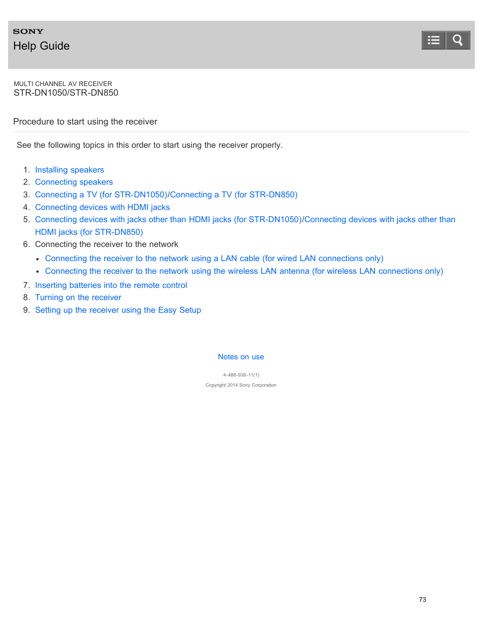 Procedure to start using the receiver, Help guide | Sony STR-DN1050 User Manual | Page 84 / 379