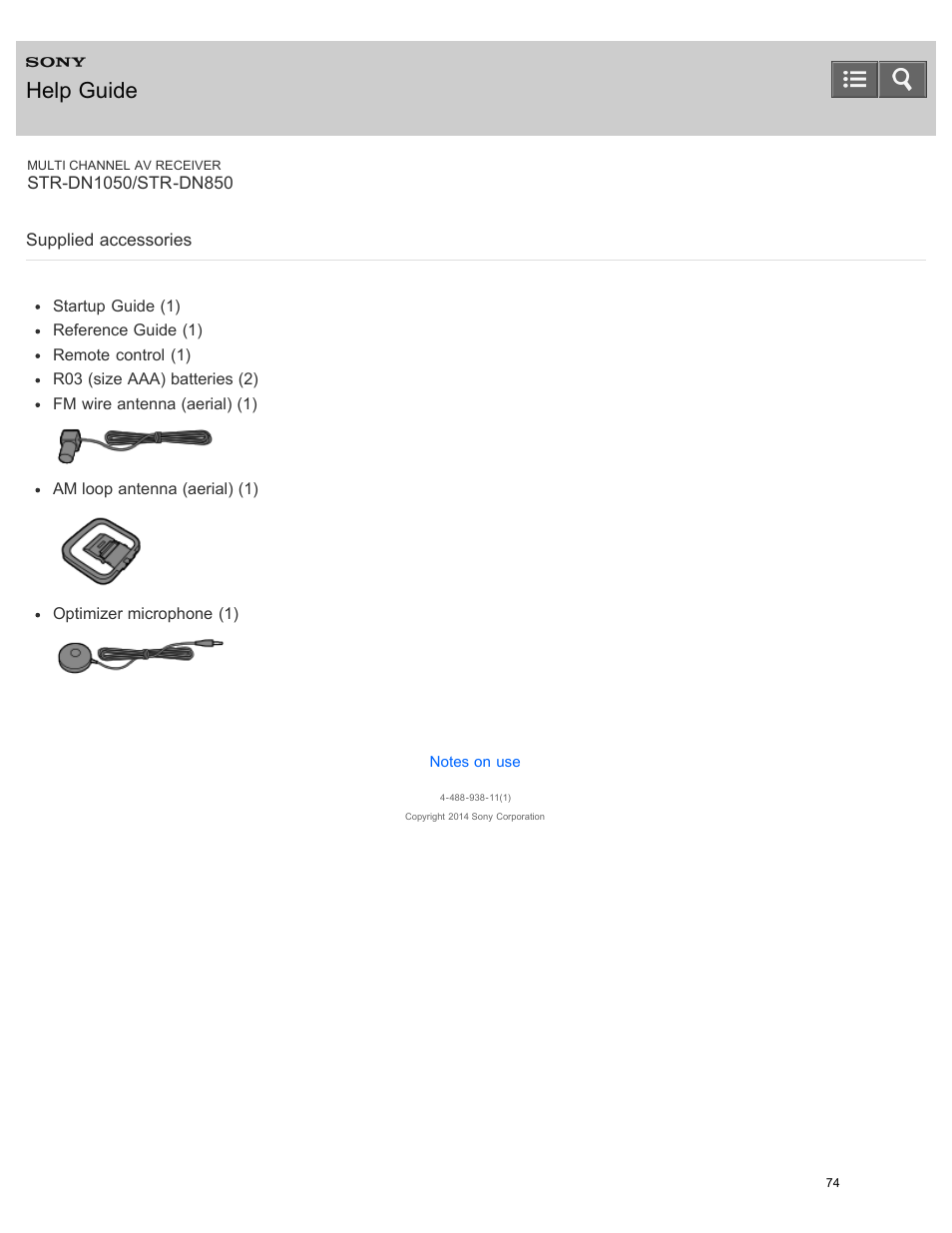 Supplied accessories, Help guide | Sony STR-DN1050 User Manual | Page 85 / 379