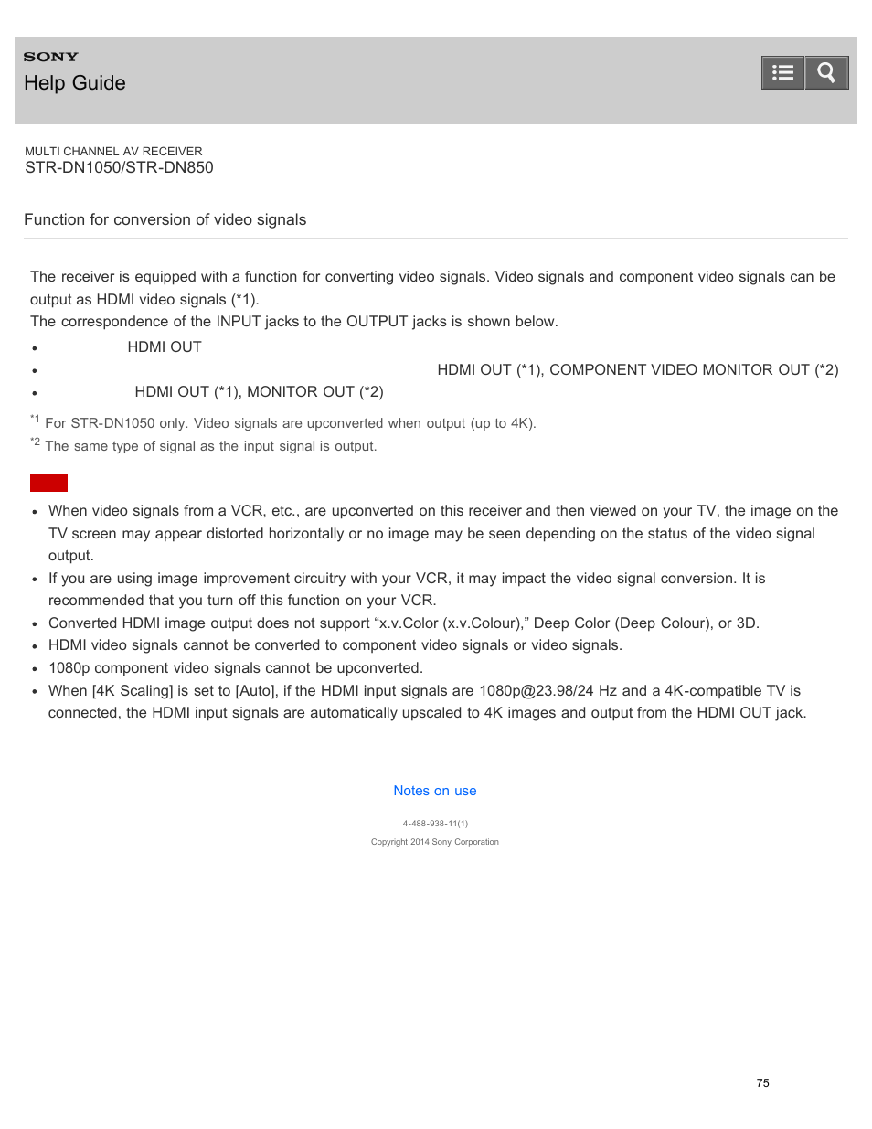 Function for conversion of video signals, Help guide | Sony STR-DN1050 User Manual | Page 86 / 379