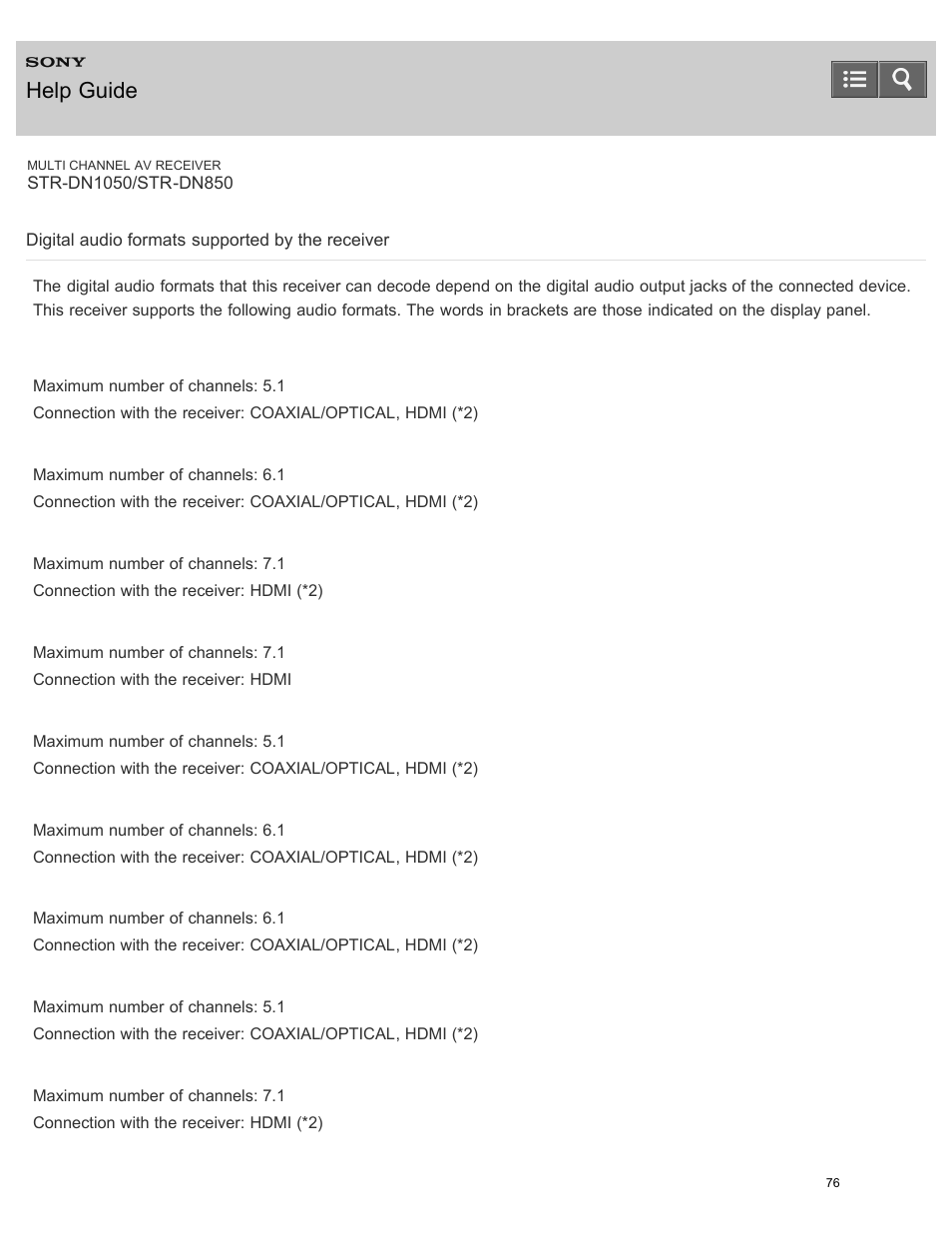 Digital audio formats supported by the receiver, Help guide | Sony STR-DN1050 User Manual | Page 87 / 379