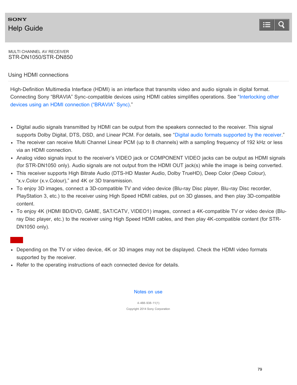 Using hdmi connections, Help guide | Sony STR-DN1050 User Manual | Page 90 / 379