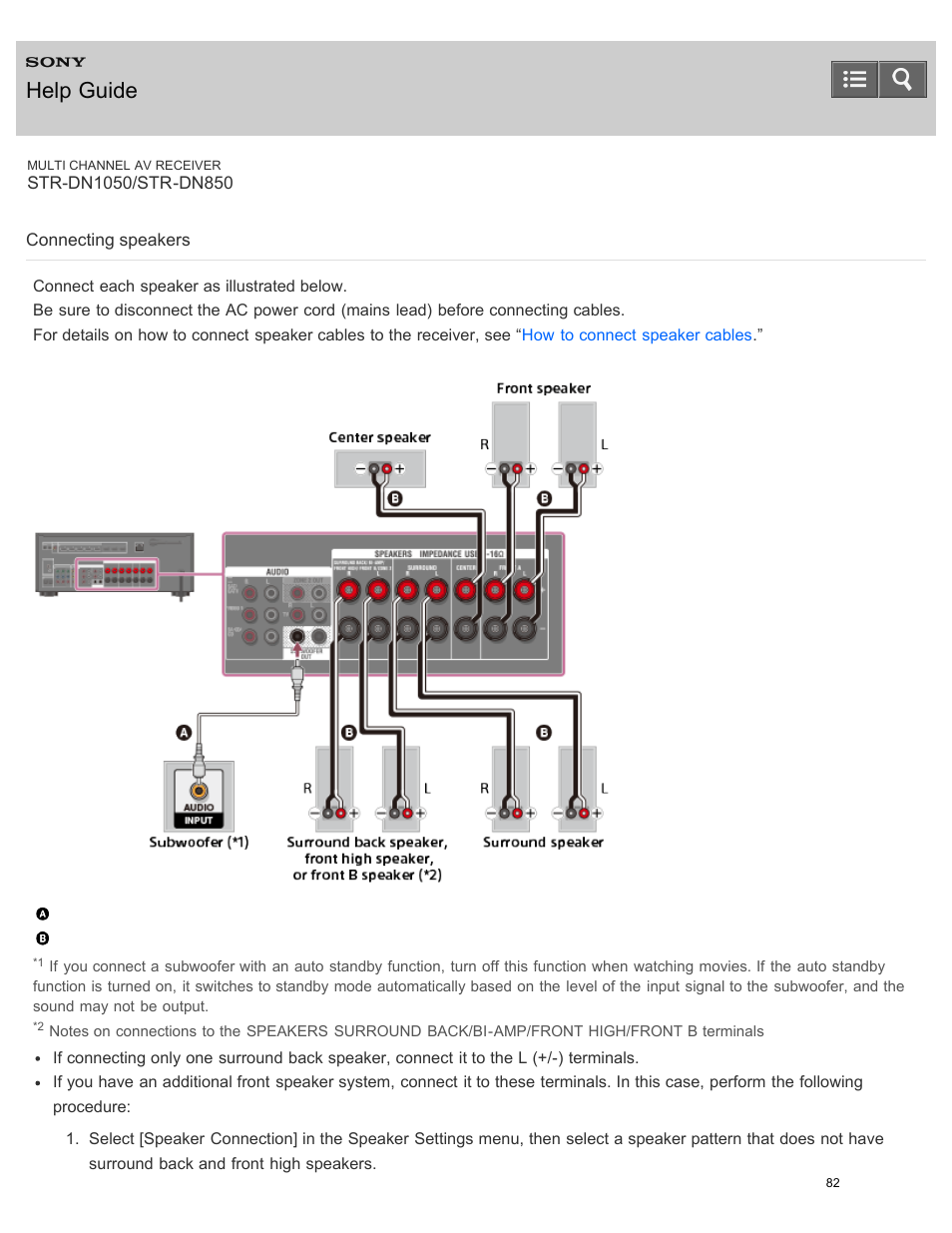 Connecting speakers, Help guide | Sony STR-DN1050 User Manual | Page 93 / 379