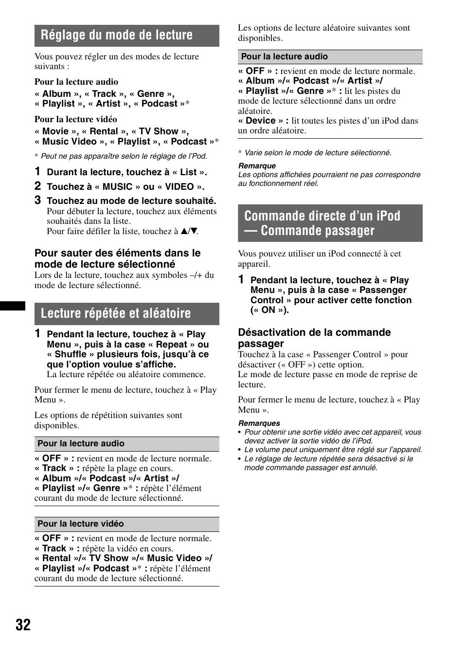 Réglage du mode de lecture, Lecture répétée et aléatoire, Commande directe d’un ipod — commande passager | Sony XAV-70BT User Manual | Page 102 / 220