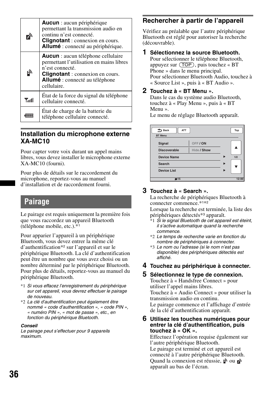 Installation du microphone externe xa-mc10, Pairage, Rechercher à partir de l’appareil | Sony XAV-70BT User Manual | Page 106 / 220