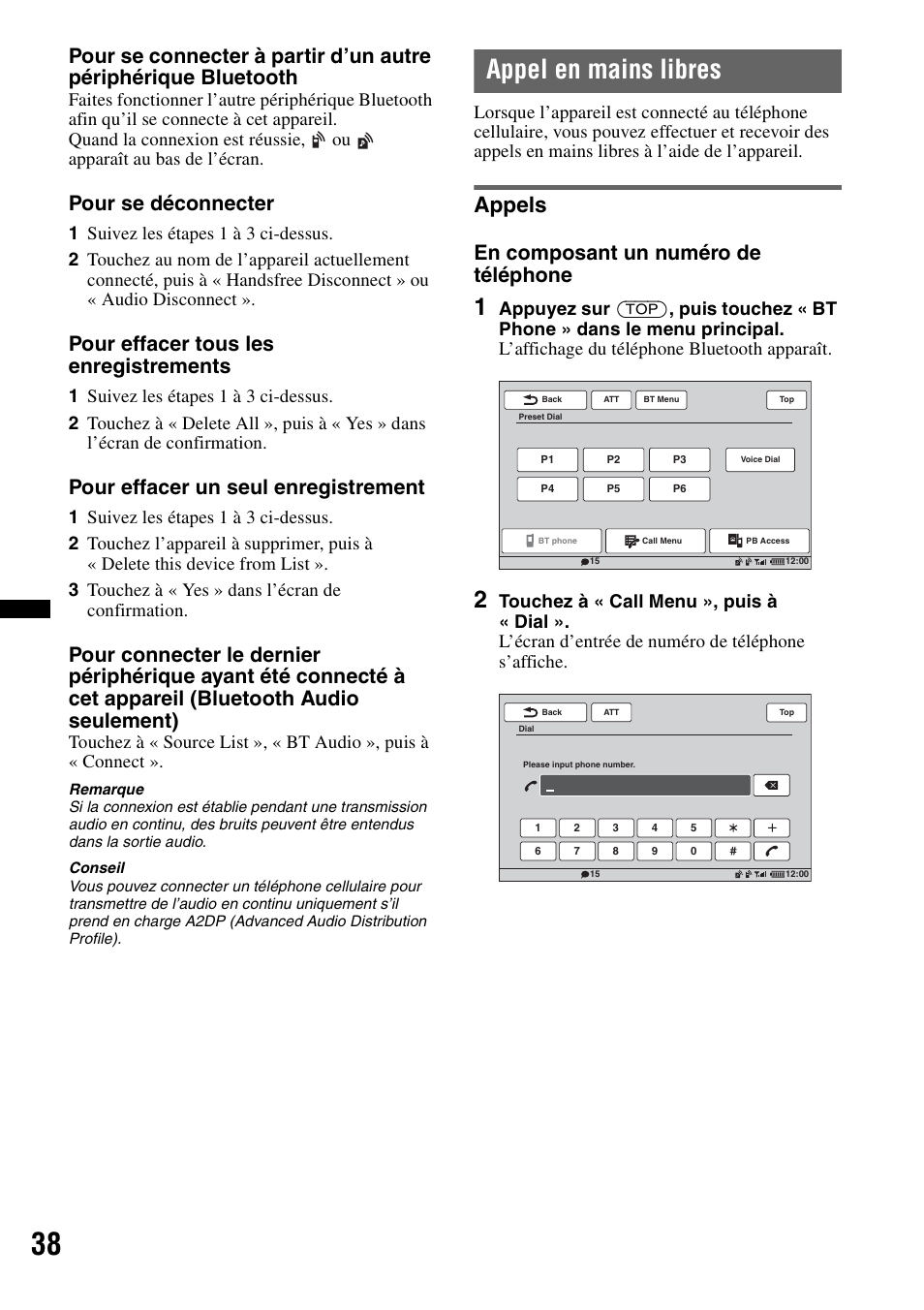 Appel en mains libres, Appels, Pour se déconnecter | Pour effacer tous les enregistrements, Pour effacer un seul enregistrement, En composant un numéro de téléphone | Sony XAV-70BT User Manual | Page 108 / 220