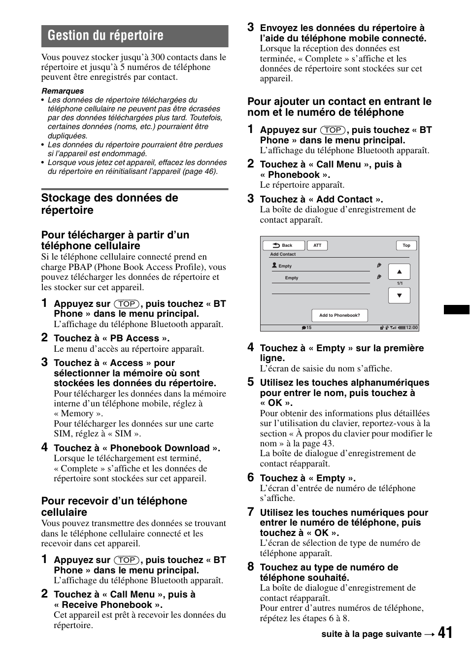 Gestion du répertoire, Stockage des données de répertoire | Sony XAV-70BT User Manual | Page 111 / 220