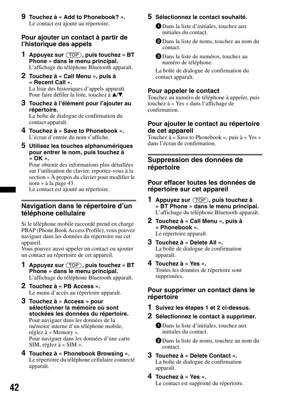 Suppression des données de répertoire | Sony XAV-70BT User Manual | Page 112 / 220