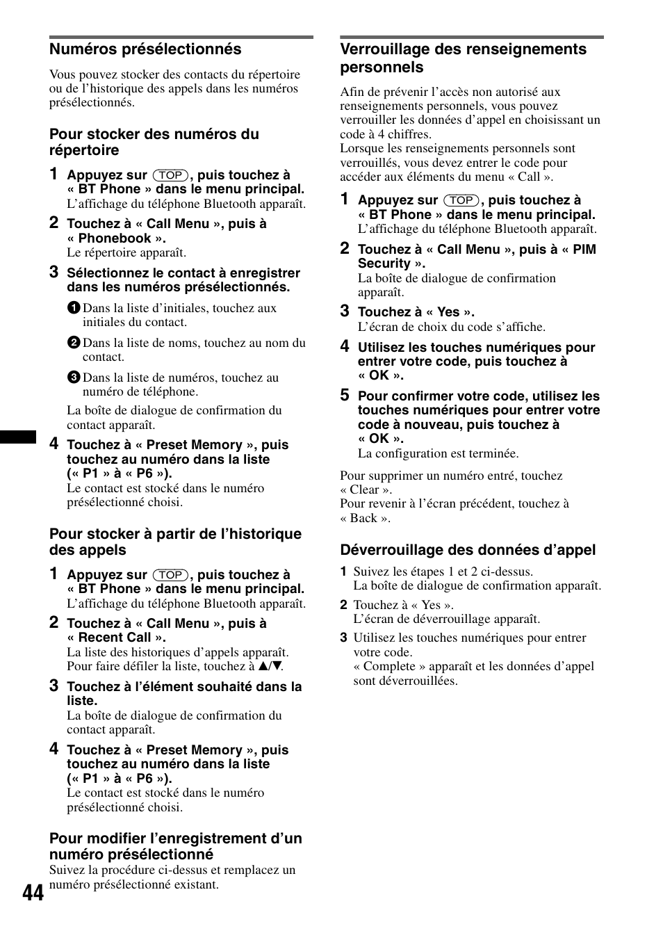 Numéros présélectionnés, Verrouillage des renseignements personnels | Sony XAV-70BT User Manual | Page 114 / 220