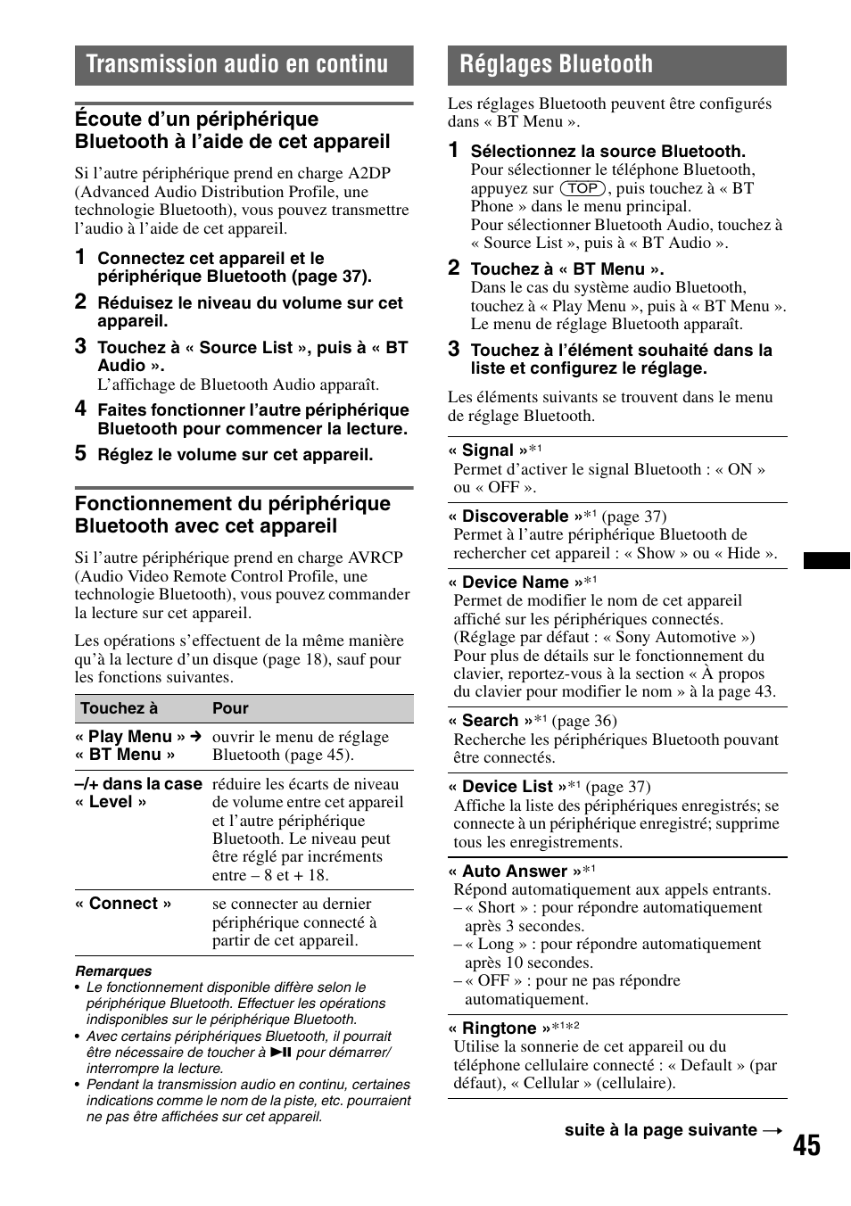 Transmission audio en continu, Réglages bluetooth | Sony XAV-70BT User Manual | Page 115 / 220