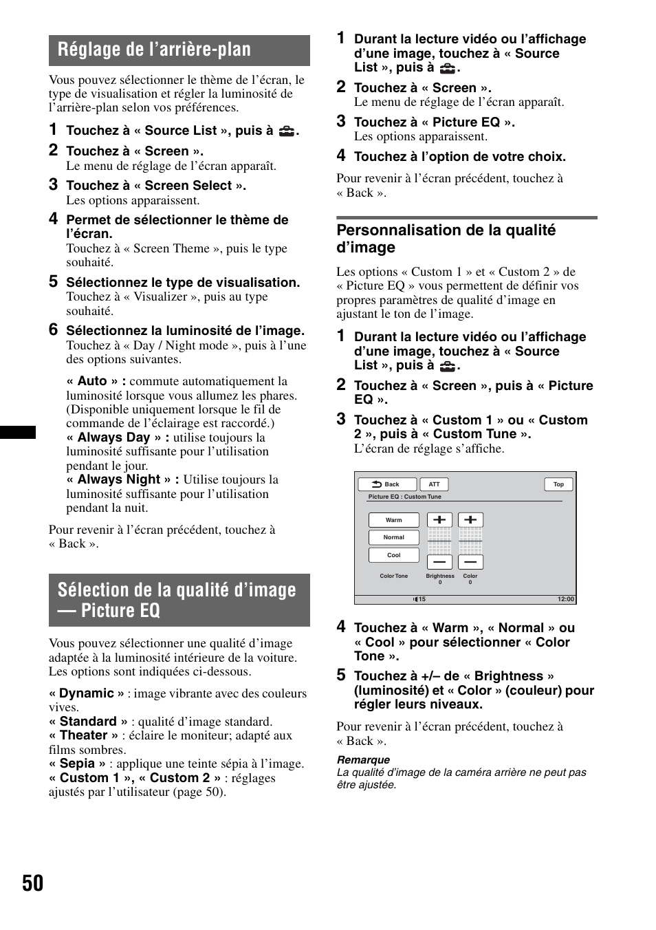 Réglage de l’arrière-plan, Sélection de la qualité d’image — picture eq, Personnalisation de la qualité d’image | Sony XAV-70BT User Manual | Page 120 / 220