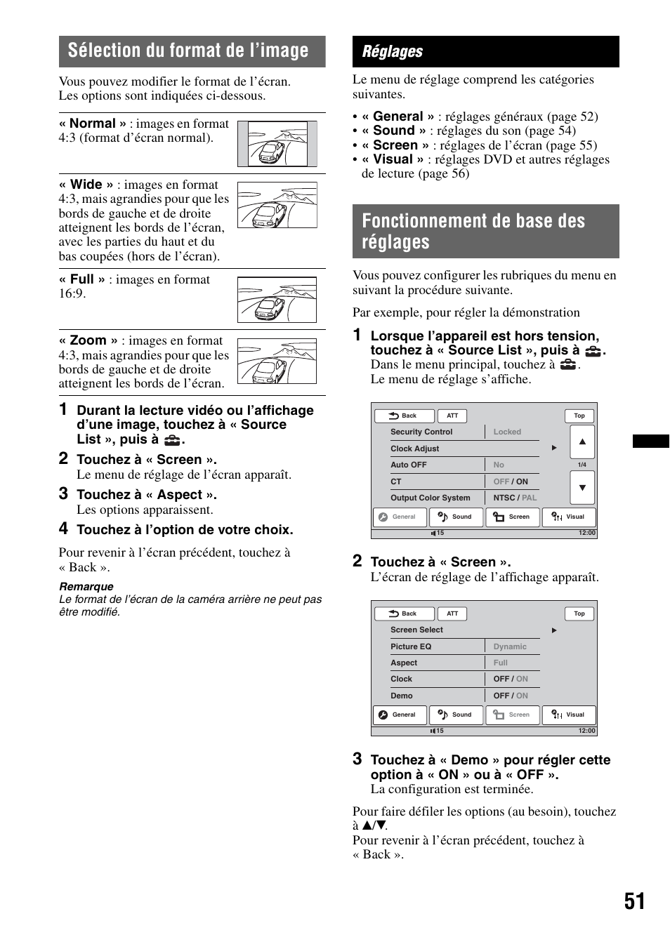 Sélection du format de l’image, Réglages, Fonctionnement de base des réglages | Touchez à « aspect ». les options apparaissent | Sony XAV-70BT User Manual | Page 121 / 220