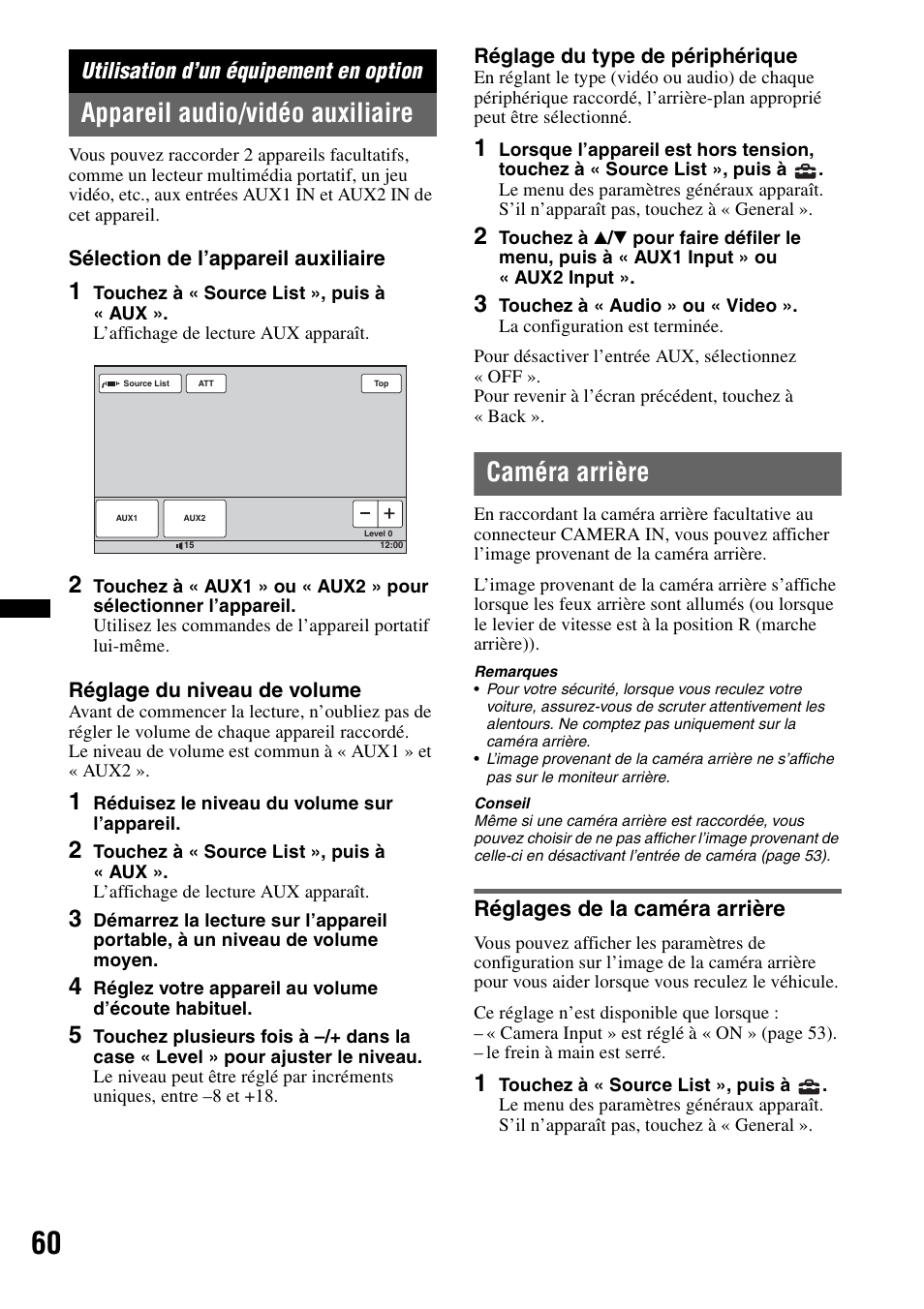 Utilisation d’un équipement en option, Appareil audio/vidéo auxiliaire, Caméra arrière | Réglages de la caméra arrière | Sony XAV-70BT User Manual | Page 130 / 220