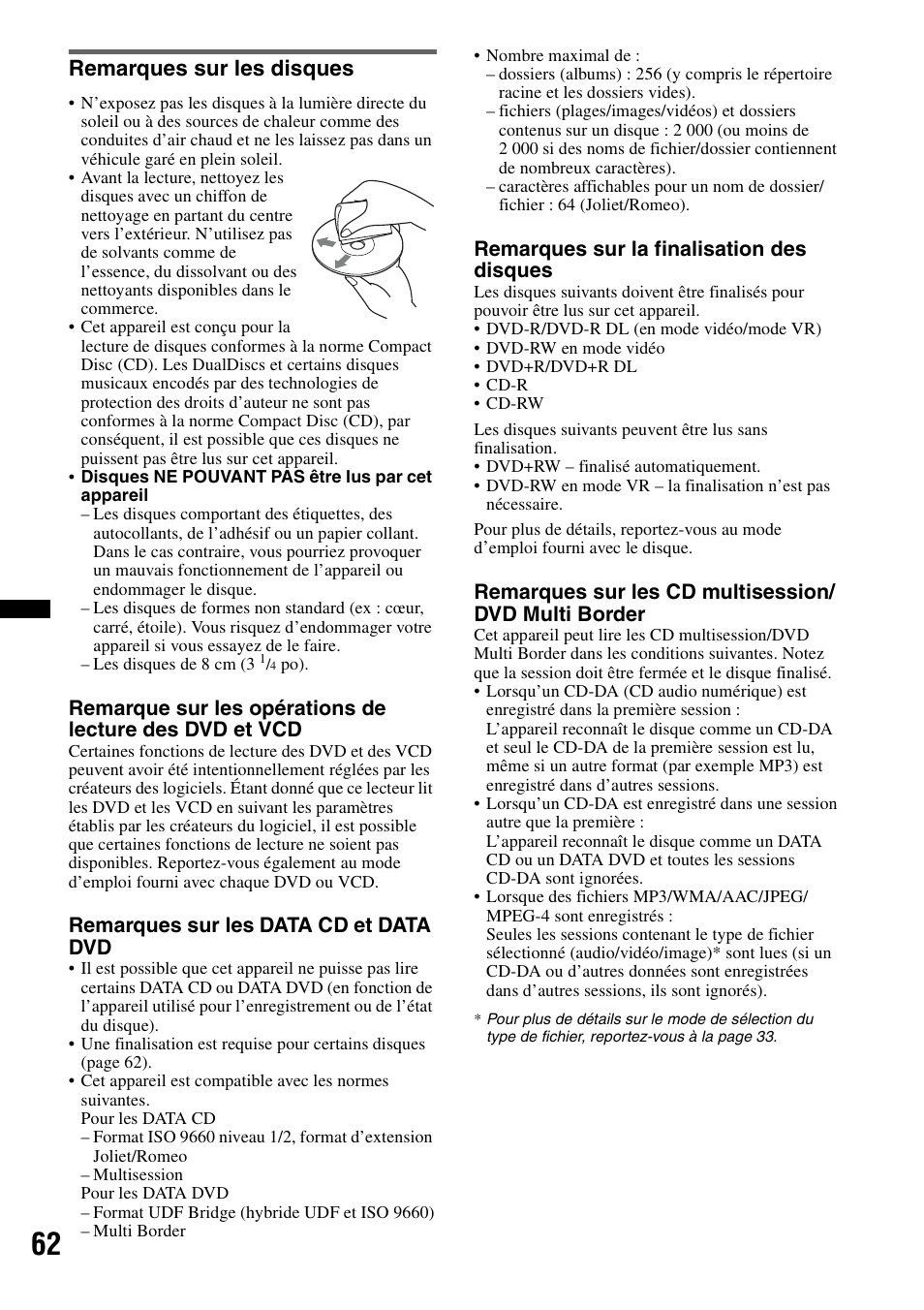 Remarques sur les disques, Remarques sur les data cd et data dvd, Remarques sur la finalisation des disques | Sony XAV-70BT User Manual | Page 132 / 220