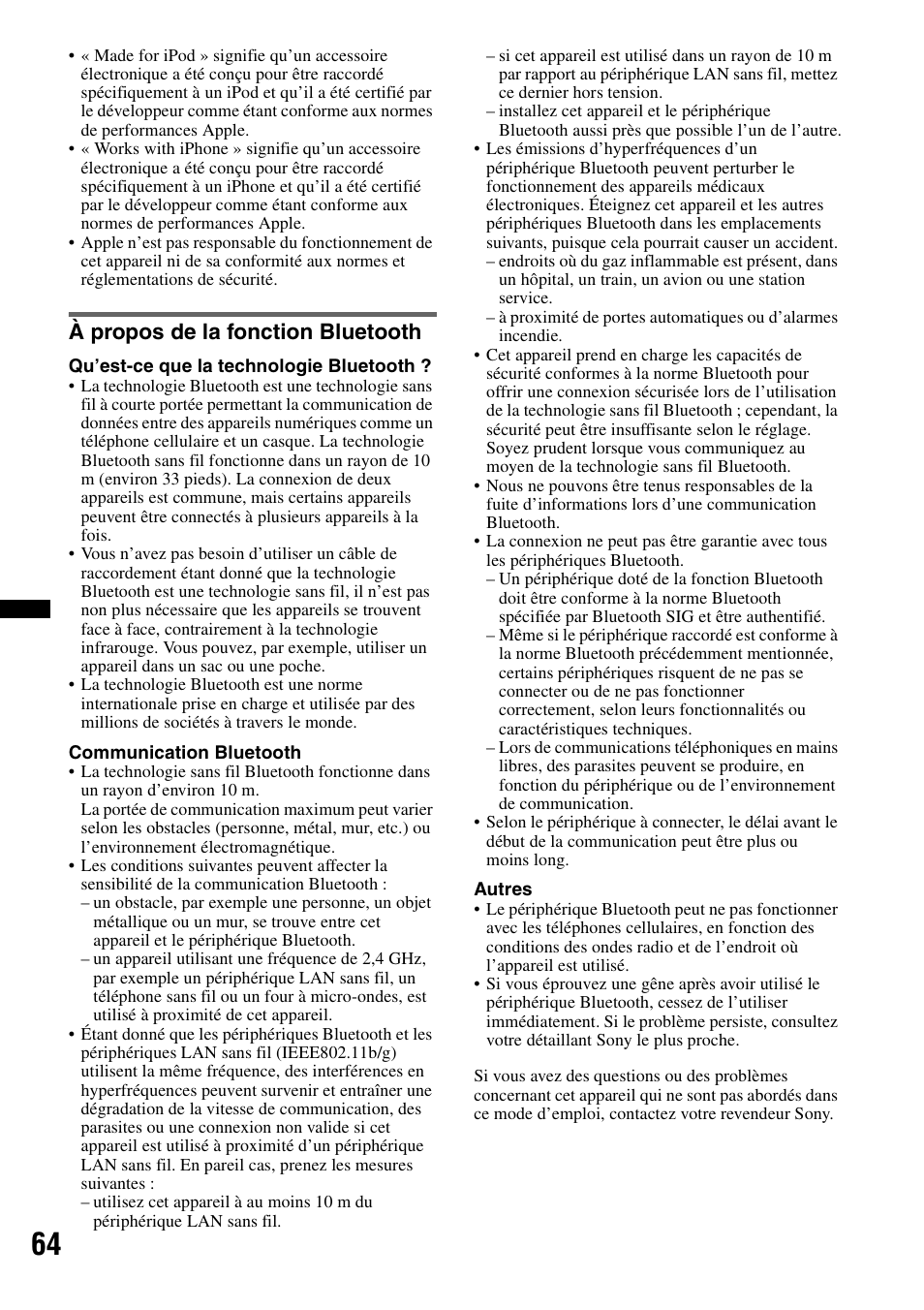 À propos de la fonction bluetooth | Sony XAV-70BT User Manual | Page 134 / 220