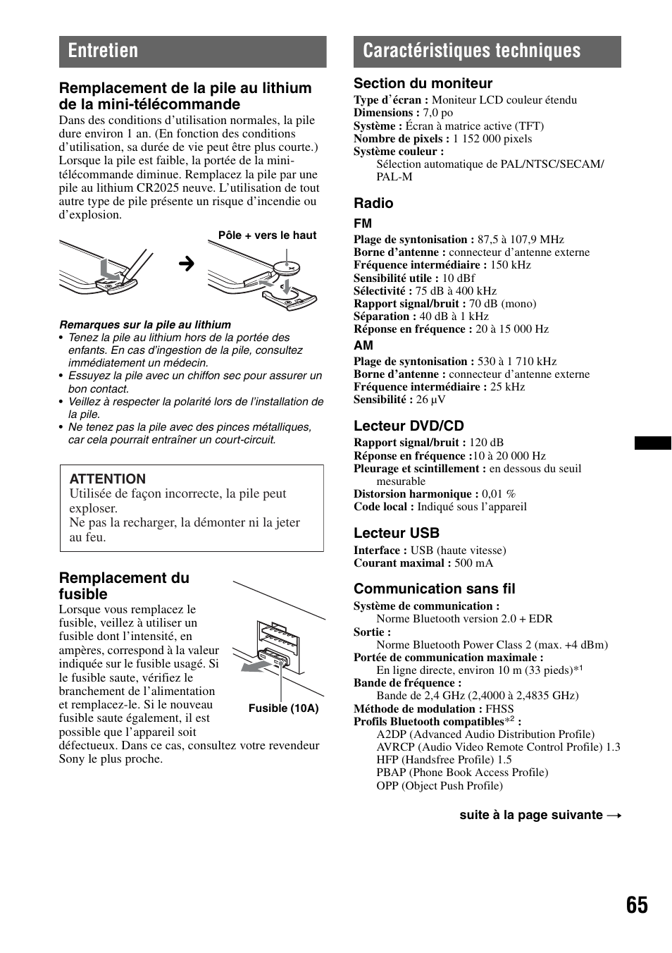 Entretien, Caractéristiques techniques, Remplacement du fusible | Sony XAV-70BT User Manual | Page 135 / 220