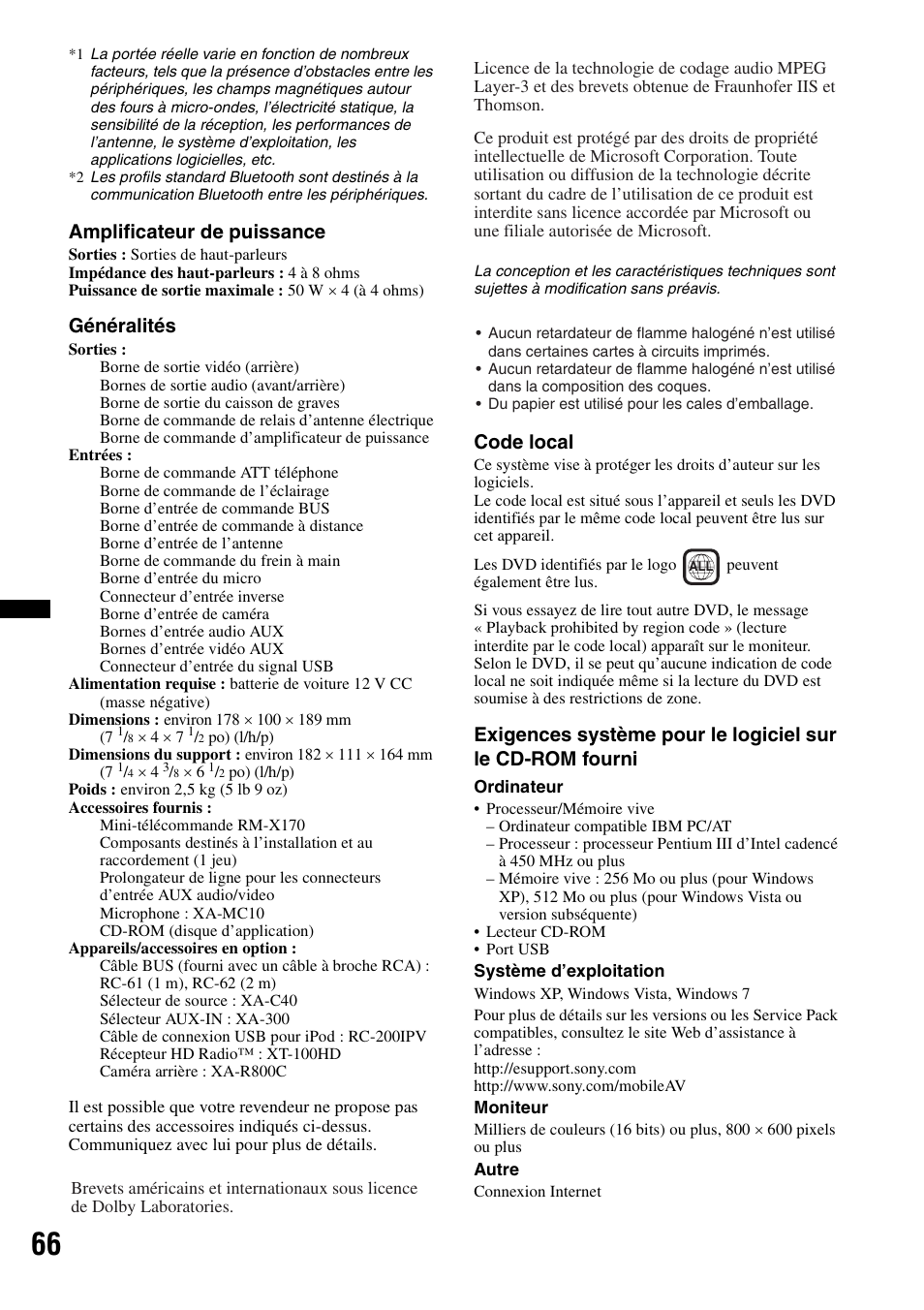 Amplificateur de puissance, Généralités, Code local | Sony XAV-70BT User Manual | Page 136 / 220