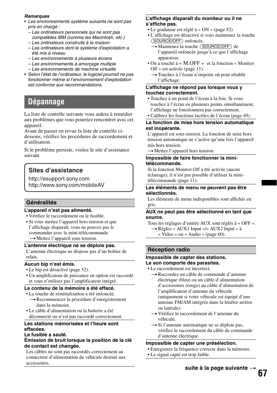 Dépannage, Sites d’assistance | Sony XAV-70BT User Manual | Page 137 / 220