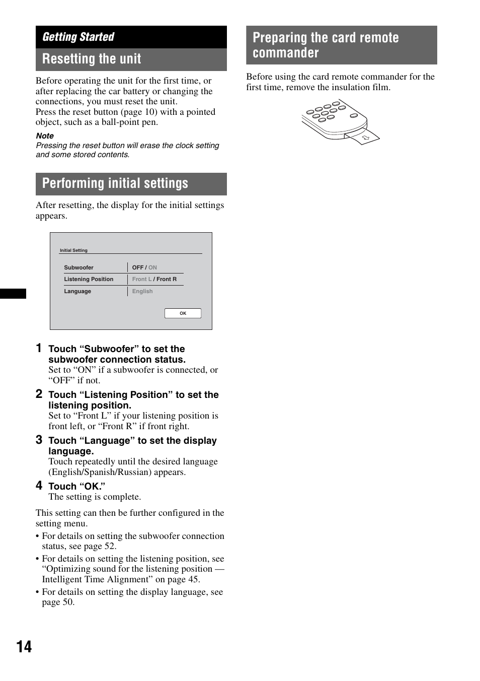 Getting started, Resetting the unit, Performing initial settings | Preparing the card remote commander | Sony XAV-70BT User Manual | Page 14 / 220