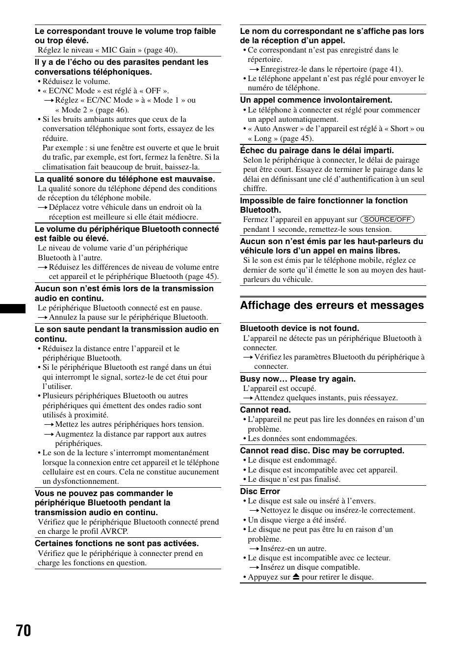 Affichage des erreurs et messages | Sony XAV-70BT User Manual | Page 140 / 220