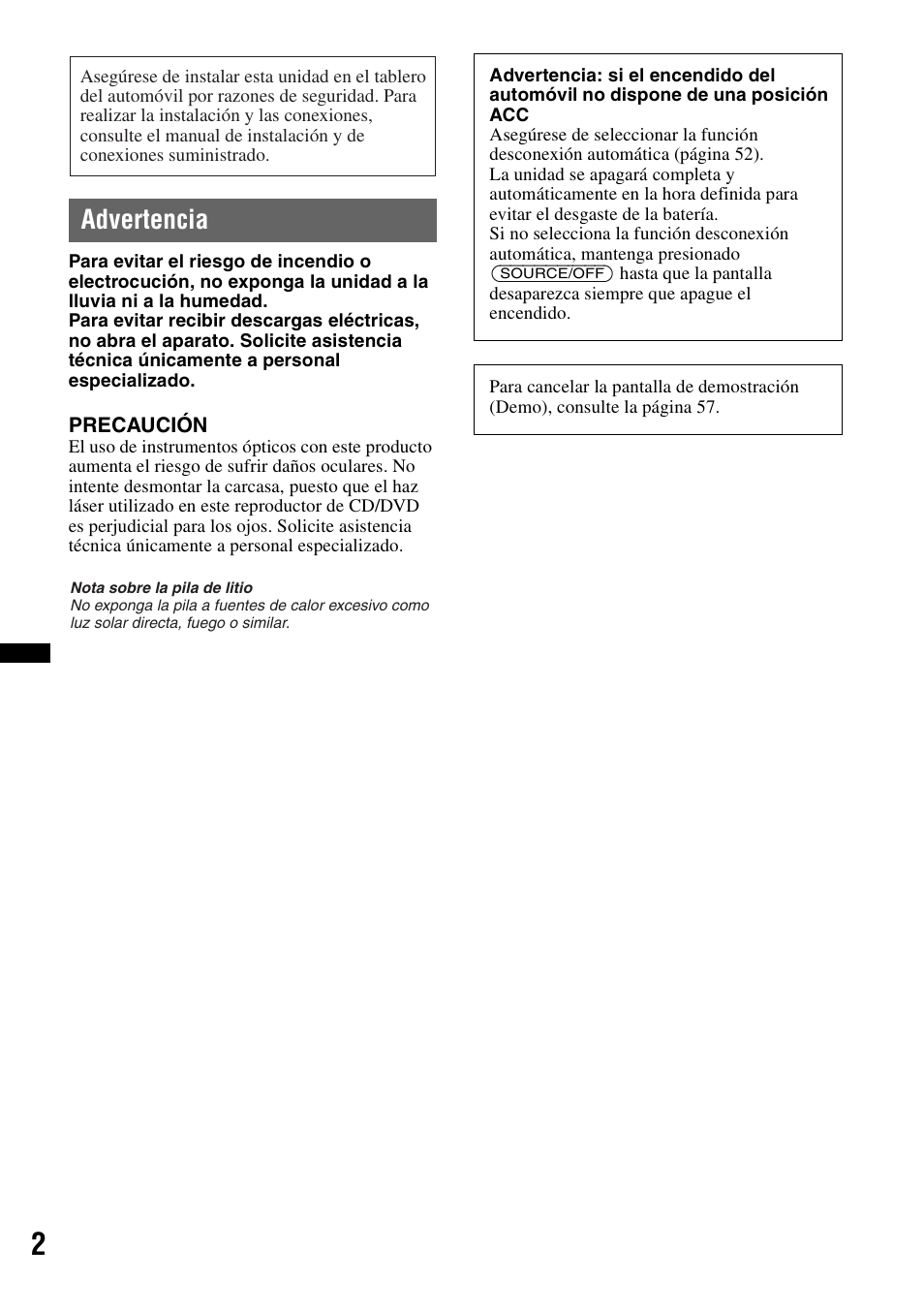 Advertencia | Sony XAV-70BT User Manual | Page 146 / 220