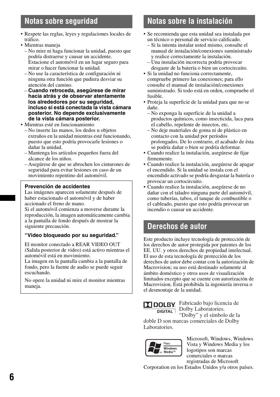 Notas sobre seguridad, Notas sobre la instalación, Derechos de autor | Sony XAV-70BT User Manual | Page 150 / 220