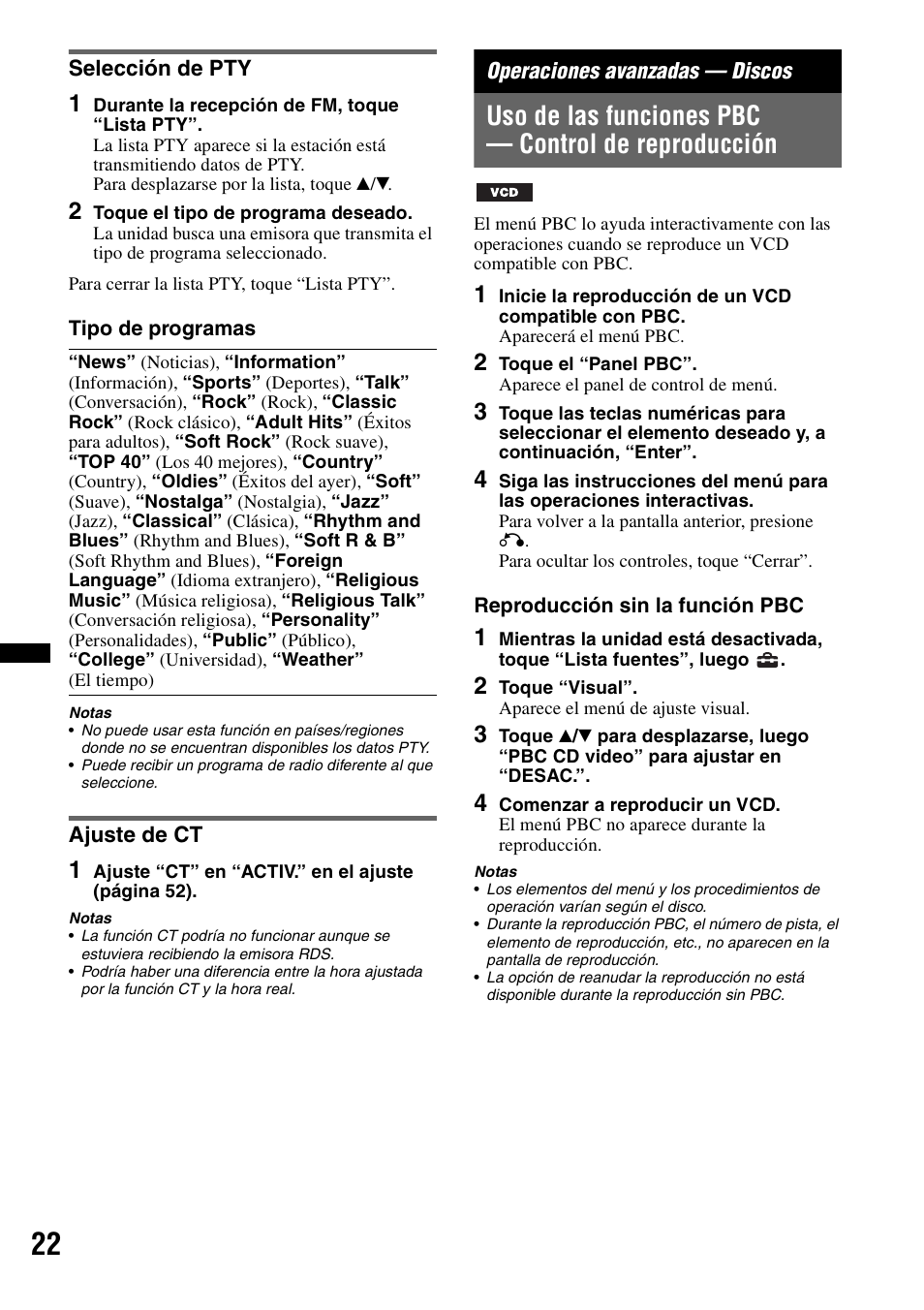 Selección de pty, Ajuste de ct, Operaciones avanzadas — discos | Uso de las funciones pbc — control de reproducción, Selección de pty ajuste de ct | Sony XAV-70BT User Manual | Page 166 / 220