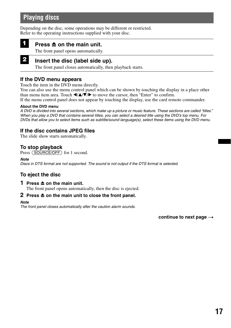 Playing discs | Sony XAV-70BT User Manual | Page 17 / 220